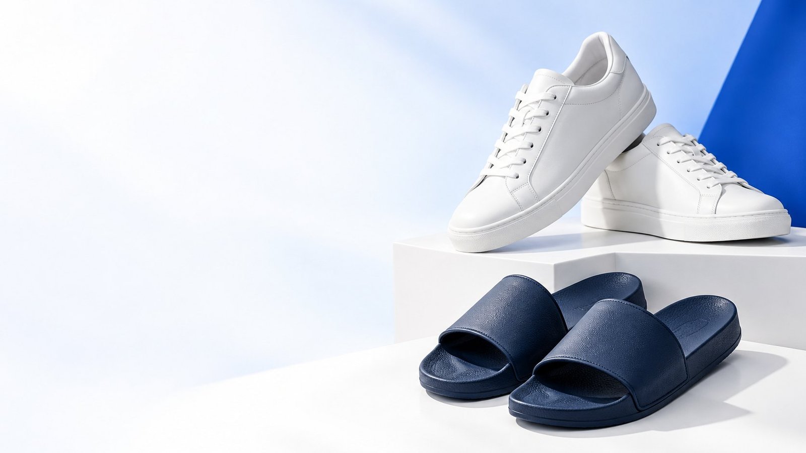 Premium white sneakers and navy slides